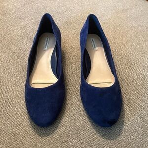 Alex Marie Blue Suede Leather Shoes Slip On 1” Heel Silver Tone Button